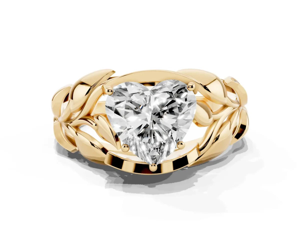 Heart Cut Diamond Leaf-Inspired Engagement Ring with Round Accents and Prong Setting Yellow gold