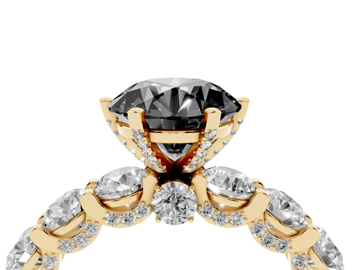 Fancy Black Round Cut Diamond Side Stone Engagement Ring with Four-Prong Setting Yellow gold