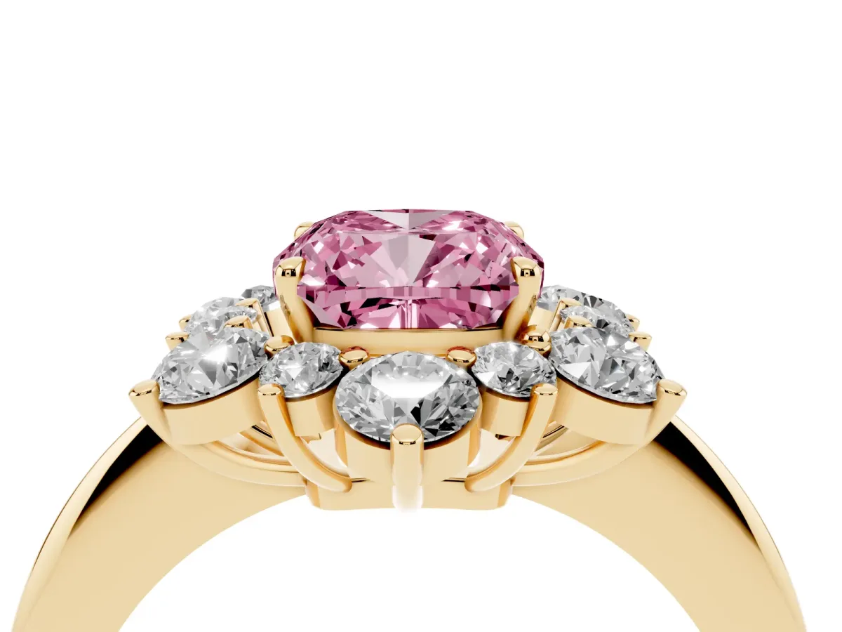 Fancy Pink Cushion Cut Diamond Cluster Halo Ring with Solitaire Band and Four-Prong Setting Yellow gold