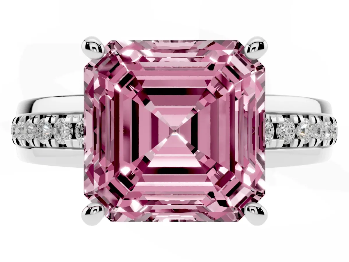 Fancy Pink Asscher Cut Solitaire Diamond Ring with Channel Set Band and Six-Prong Setting White gold