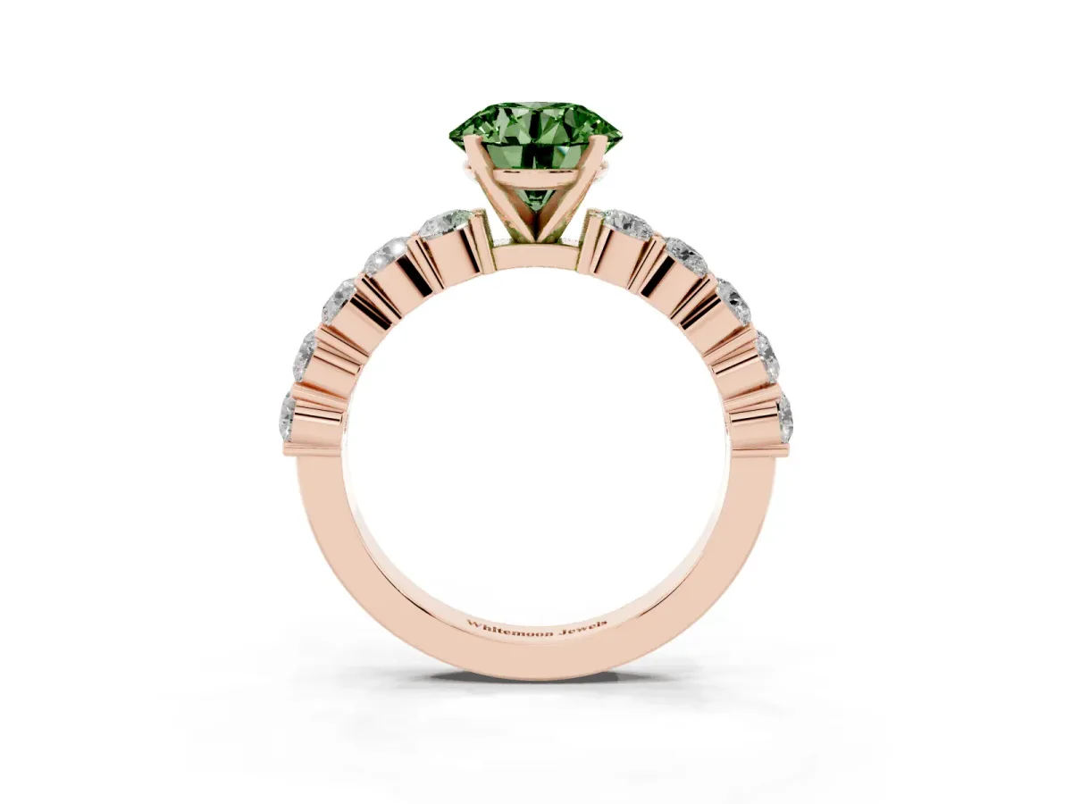 Fancy Green Round Cut Diamond Solitaire Ring with Shared Prong Round Side Stones Rose gold