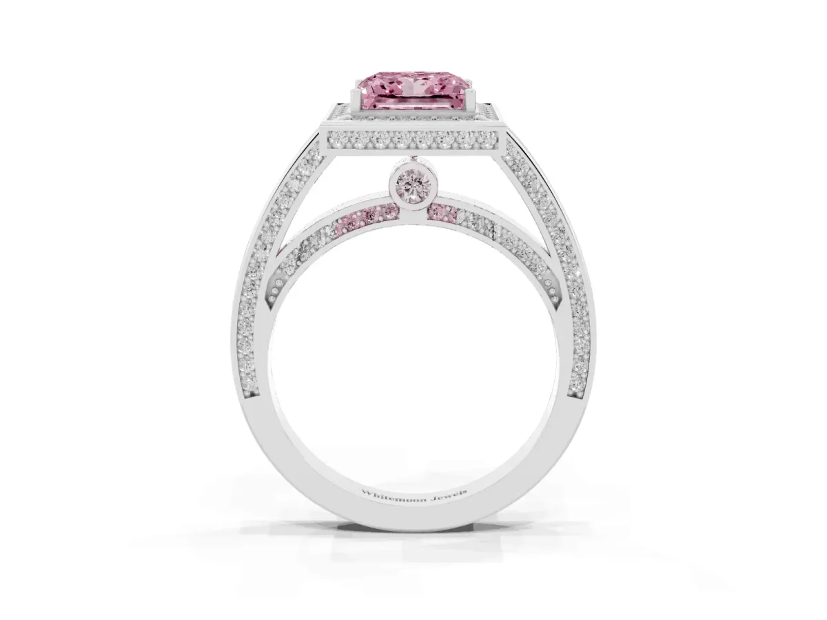 Fancy Pink Princess Cut Cut Halo Pave Split Shank Prong Setting Ring Silver
