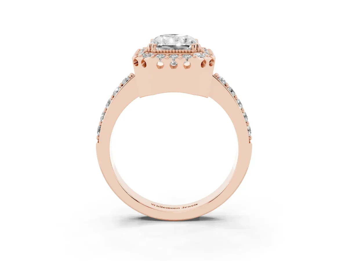 Radiant Cut Diamond Halo Ring with Pavé Band and Prong Setting Rose gold