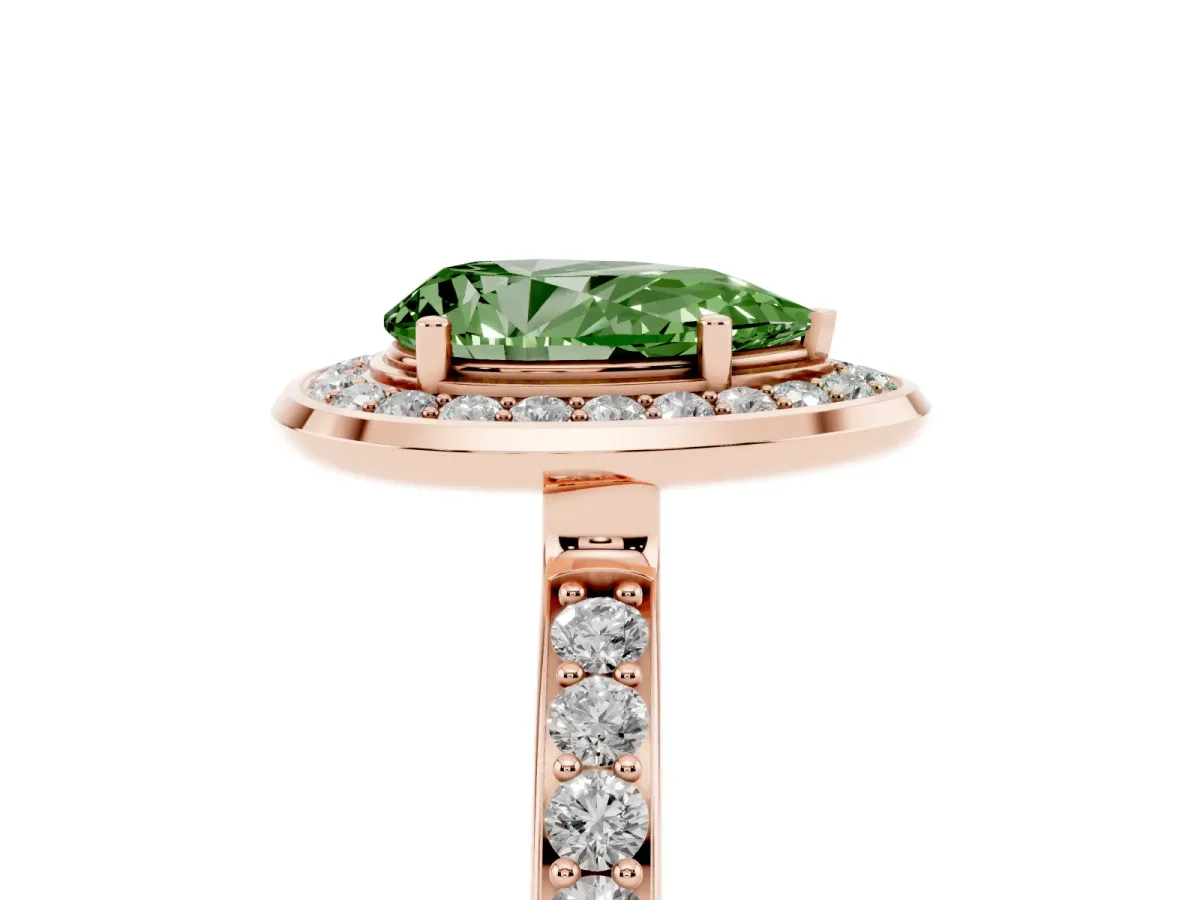 Fancy Green Pear Cut Diamond Halo Ring with Bezel Frame and Pavé Band Rose gold