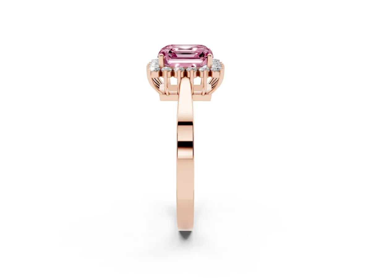Fancy Pink Asscher Cut Cut Diamond Halo Ring with Round Brilliant Halo and Solitaire Band Rose gold