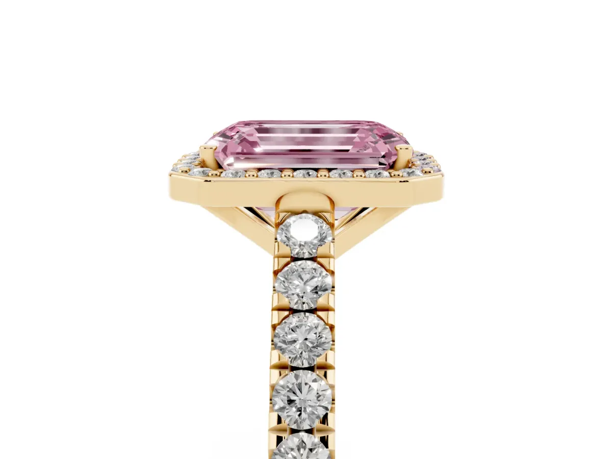 Fancy Pink Emerald Cut Cut Halo Diamond Engagement Ring with Pave Band and Four-Prong Setting Yellow gold