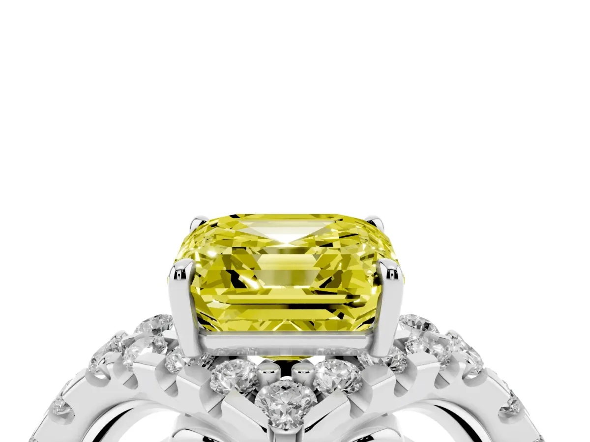 Fancy Yellow Asscher Cut Diamond Solitaire Ring with Hidden Halo and Pavé Band Platinum