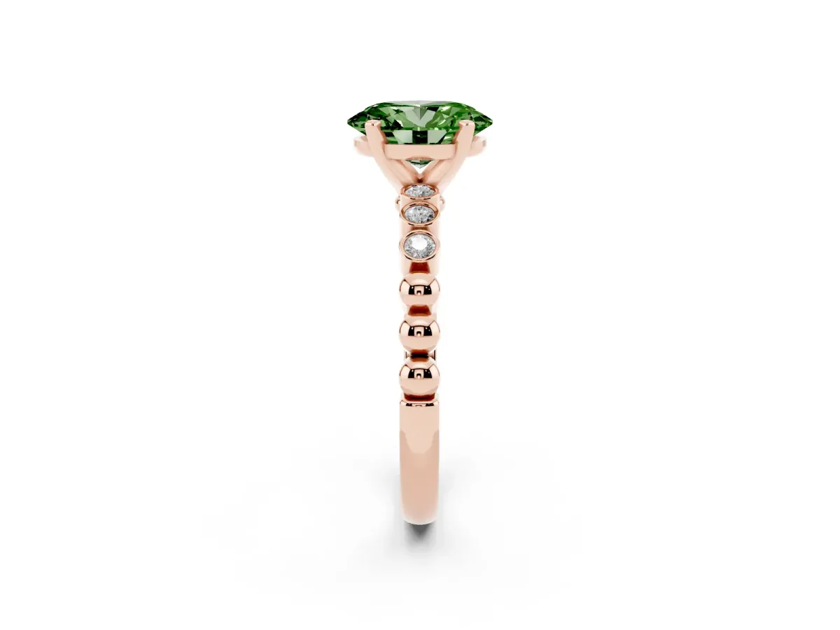 Fancy Green Oval Cut Solitaire Bezel Accent Diamond Engagement Ring with Beaded Band and Four-Prong Setting Rose gold