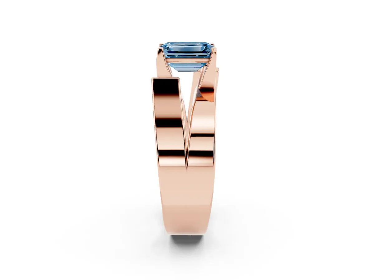 Fancy Blue Modern Tension Set Emerald Cut Diamond Solitaire Wide Band Ring Rose gold