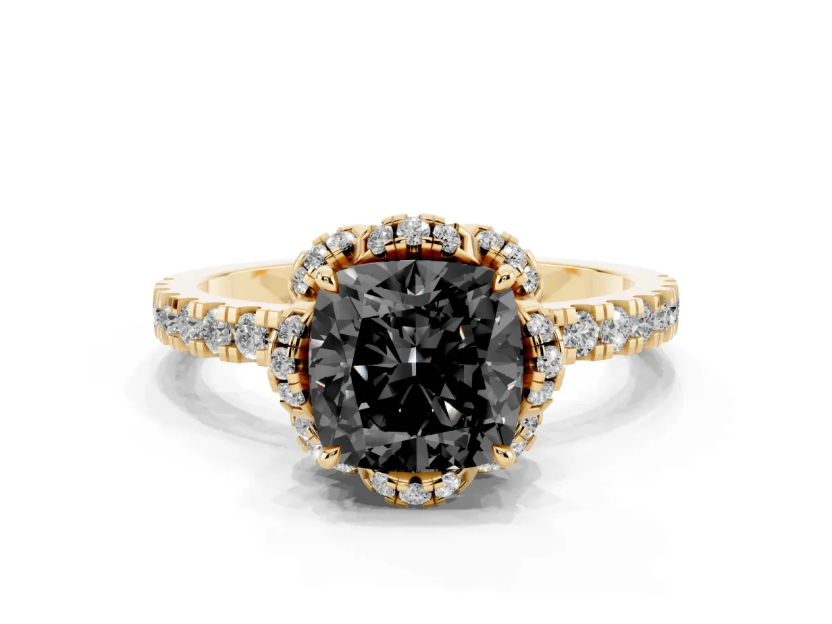 Fancy Black Cushion Cut Diamond Halo Pave Band with Four-Prong Setting Yellow gold