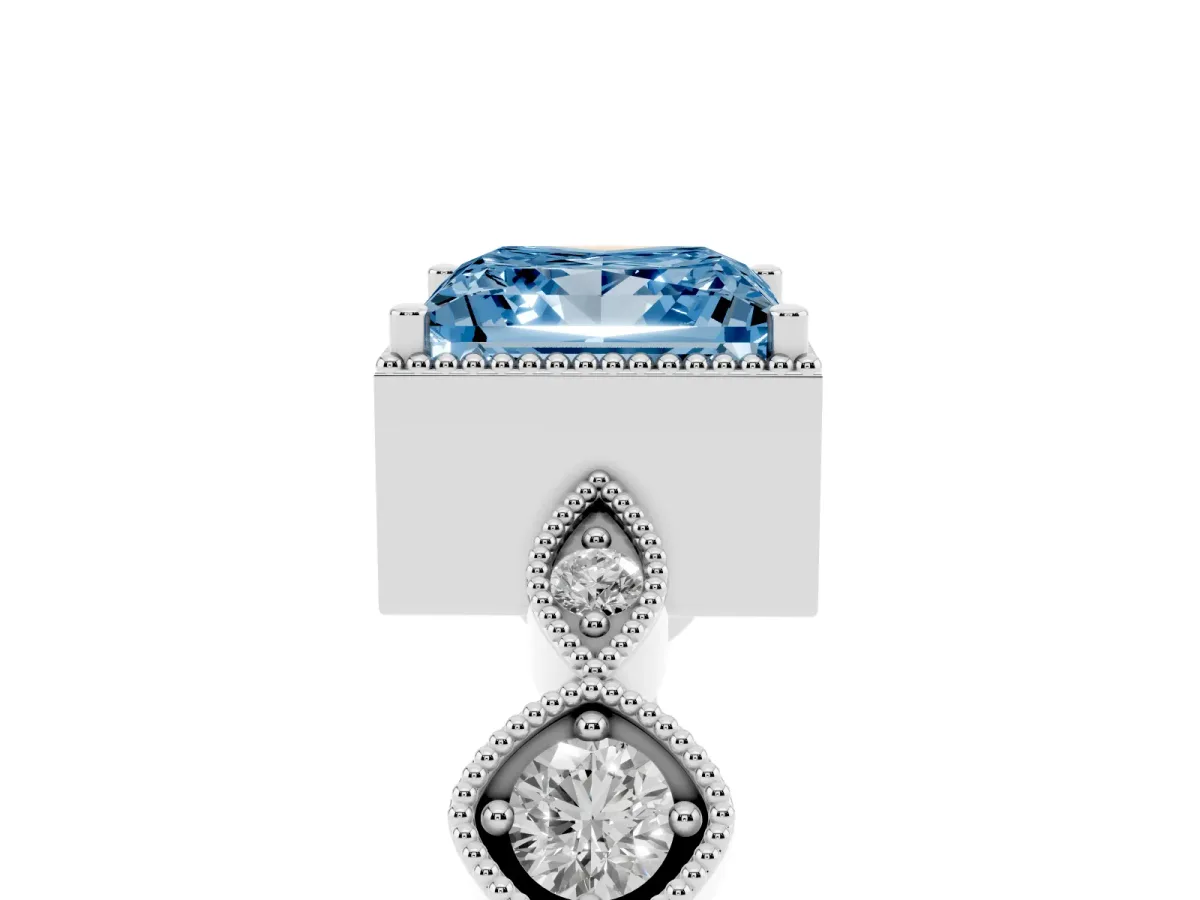 Fancy Blue Princess Cut Diamond Vintage Milgrain Ring with Round Stations Silver