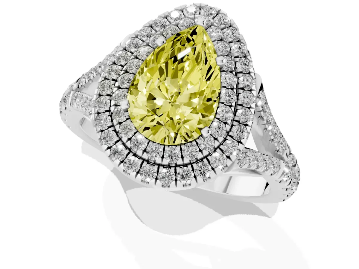 Fancy Yellow Pear Cut Cut Double Halo Split Shank Diamond Ring with Prong Setting Silver