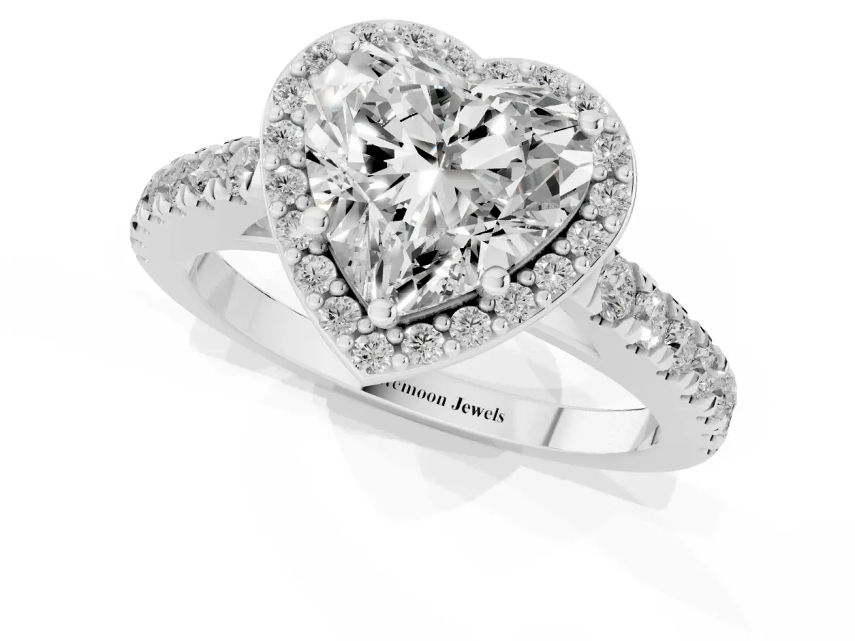 Heart Cut Cut Halo Diamond Engagement Ring with Pave Band and Four-Prong Setting White gold