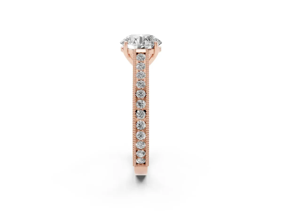 Round Cut Cut Pave Band Milgrain Solitaire Ring Rose gold