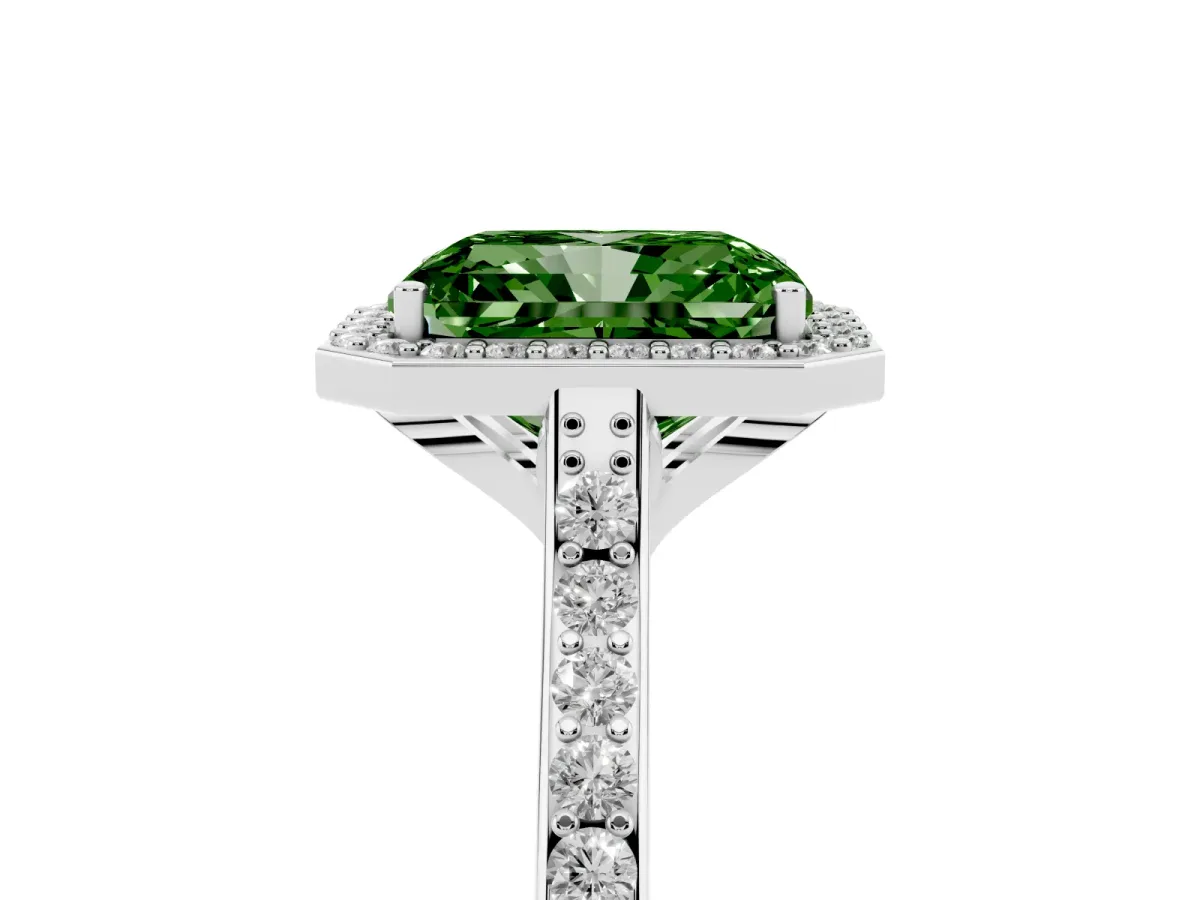 Fancy Green Radiant Cut Diamond Halo Engagement Ring with Round Pavé Shoulders and Prong Setting Silver