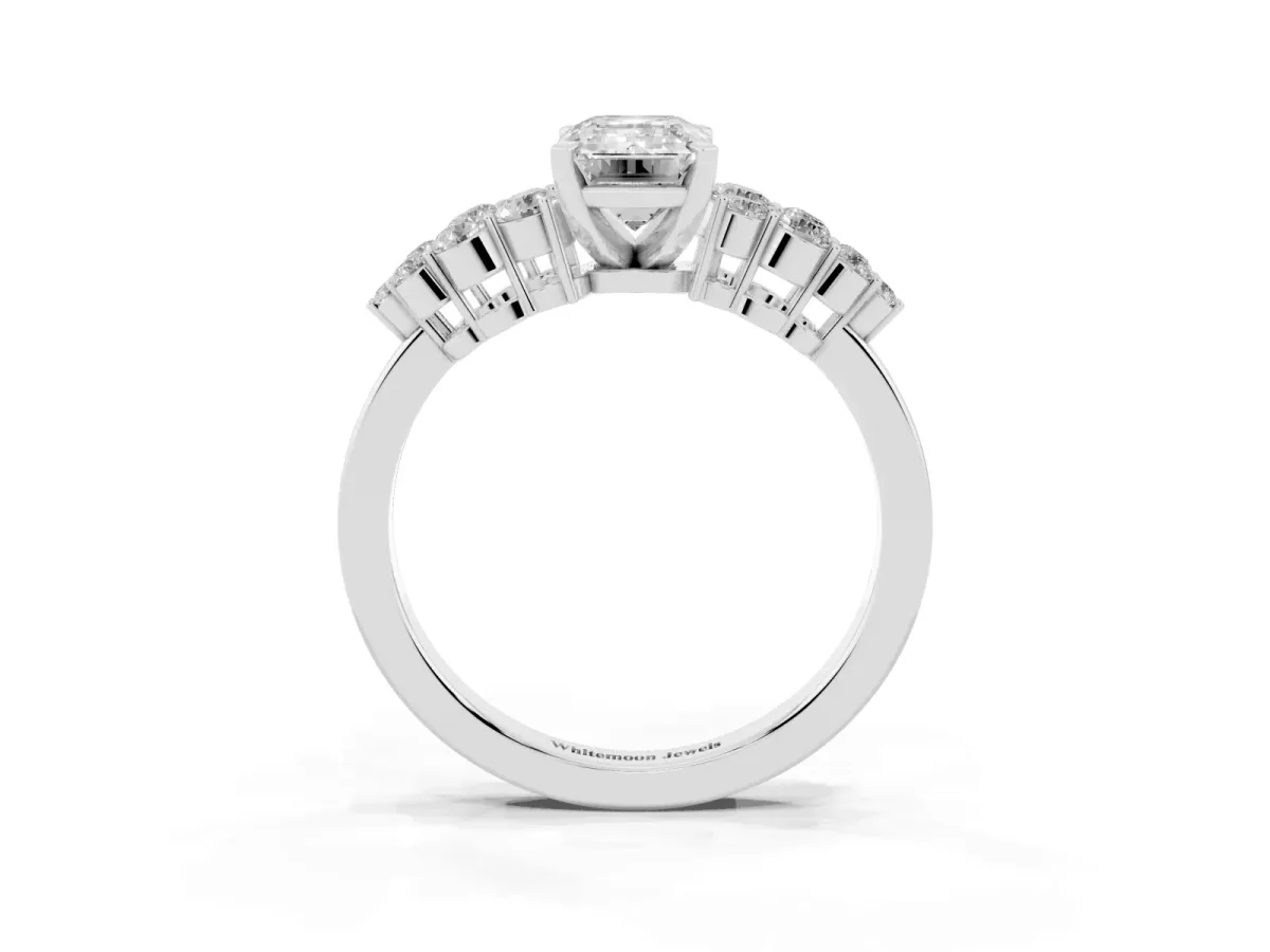 Emerald Cut Cluster Diamond Engagement Ring with Pavé Band and Four-Prong Setting Silver