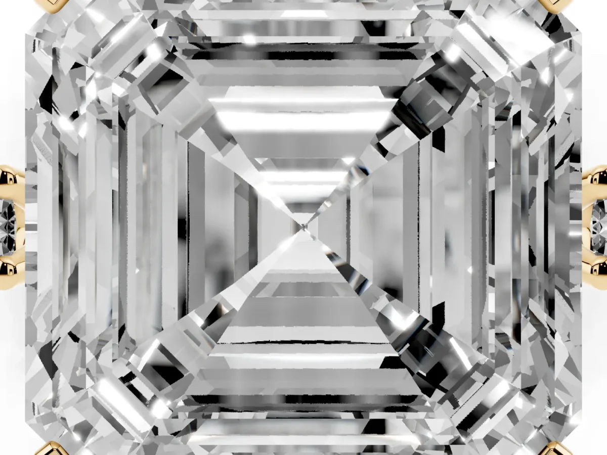 Asscher Cut Cut Three-Stone Solitaire Ring with Round Accent Diamonds and Four-Prong Setting Yellow gold