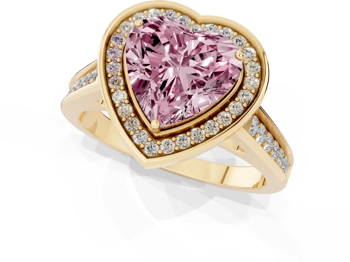 Fancy Pink Heart Cut Halo Solitaire Diamond Ring with Pave Band and Bezel Setting Yellow gold
