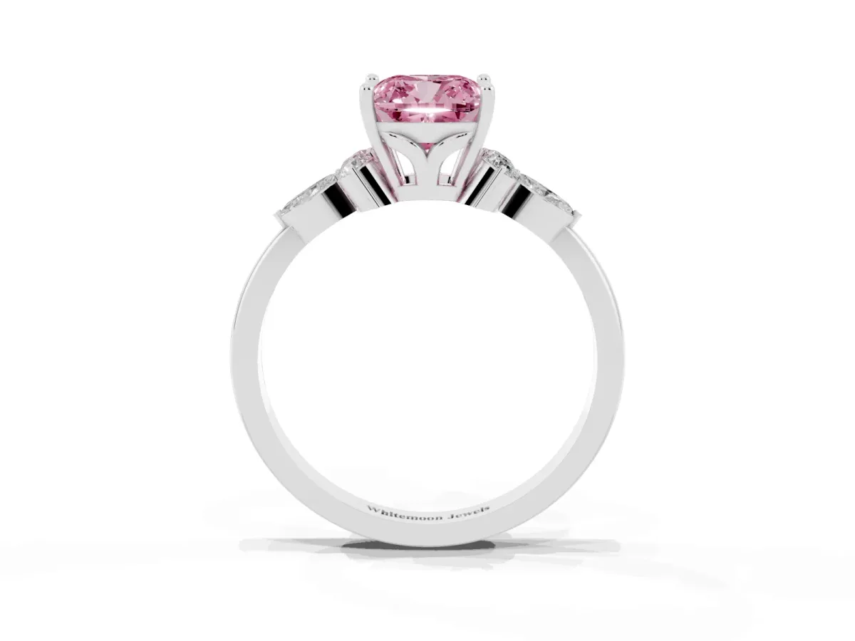 Fancy Pink Cushion Cut Brilliant Diamond Solitaire Ring with Pear Side Stones and Four-Prong Setting Silver