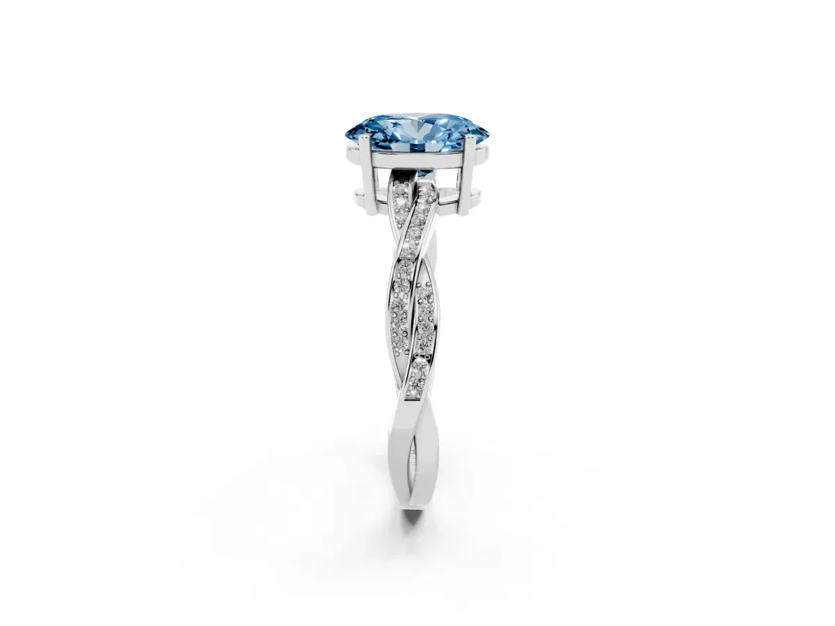 Fancy Blue Oval Cut Solitaire Twisted Pave Diamond Ring with Four-Prong Setting Platinum