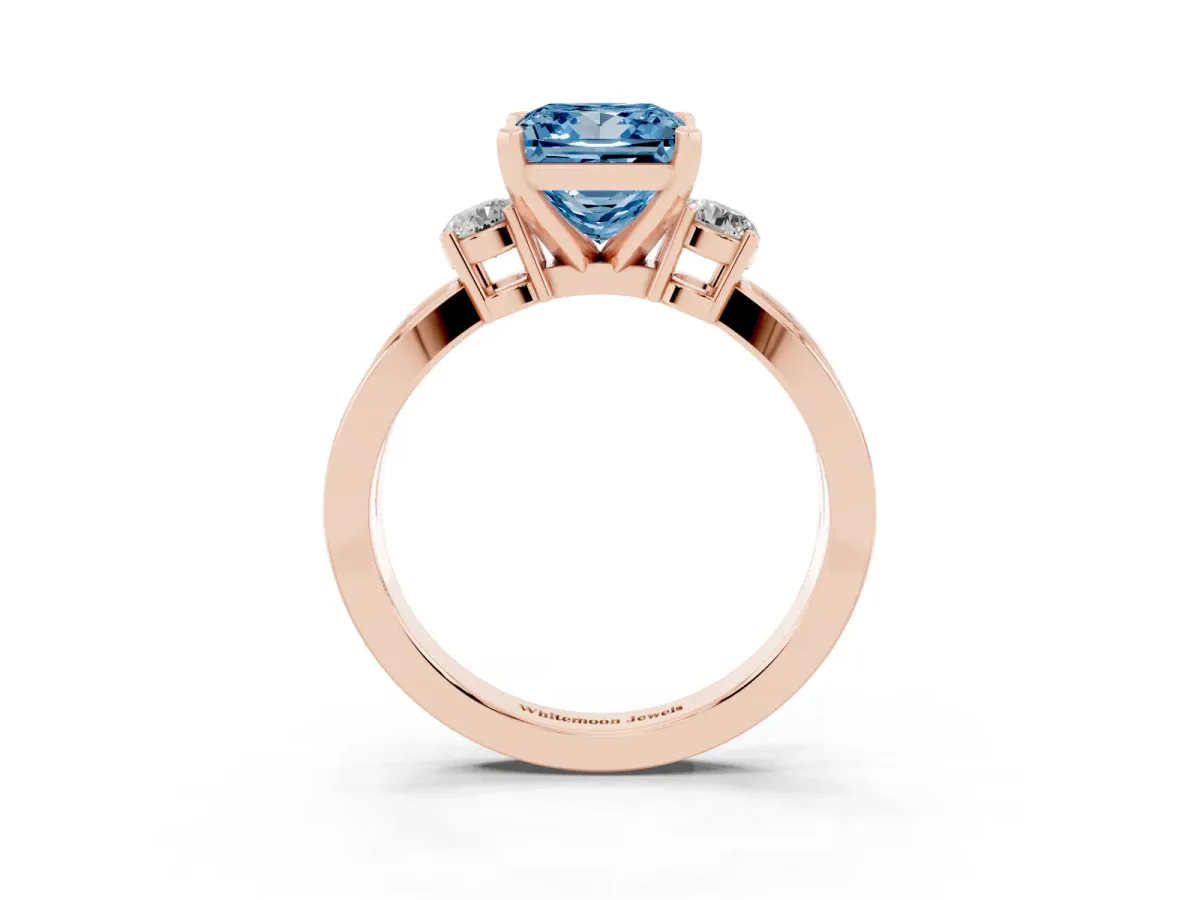 Fancy Blue Three-Stone Princess Cut Cut Diamond Twist Band with Prong Setting Rose gold