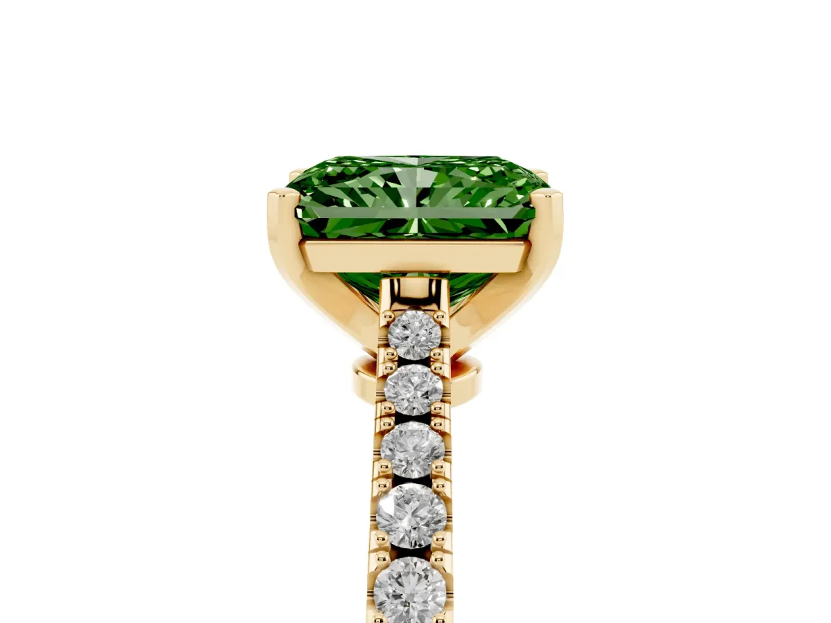 Fancy Green Radiant Cut Cut Solitaire Diamond Engagement Ring with Pave Band and Four-Prong Setting Yellow gold