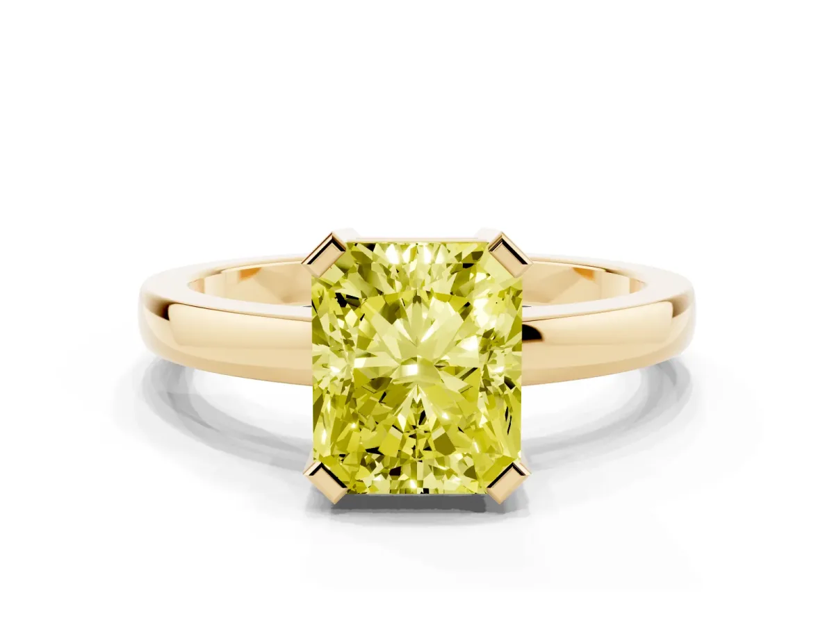 Fancy Yellow Radiant Cut Cut Solitaire Ring with Four-Prong Setting and Classic Band Yellow gold