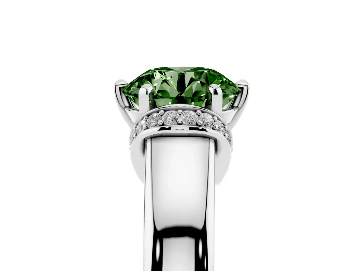 Fancy Green Round Cut Solitaire Diamond Ring with Pave Band and Six-Prong Setting Platinum