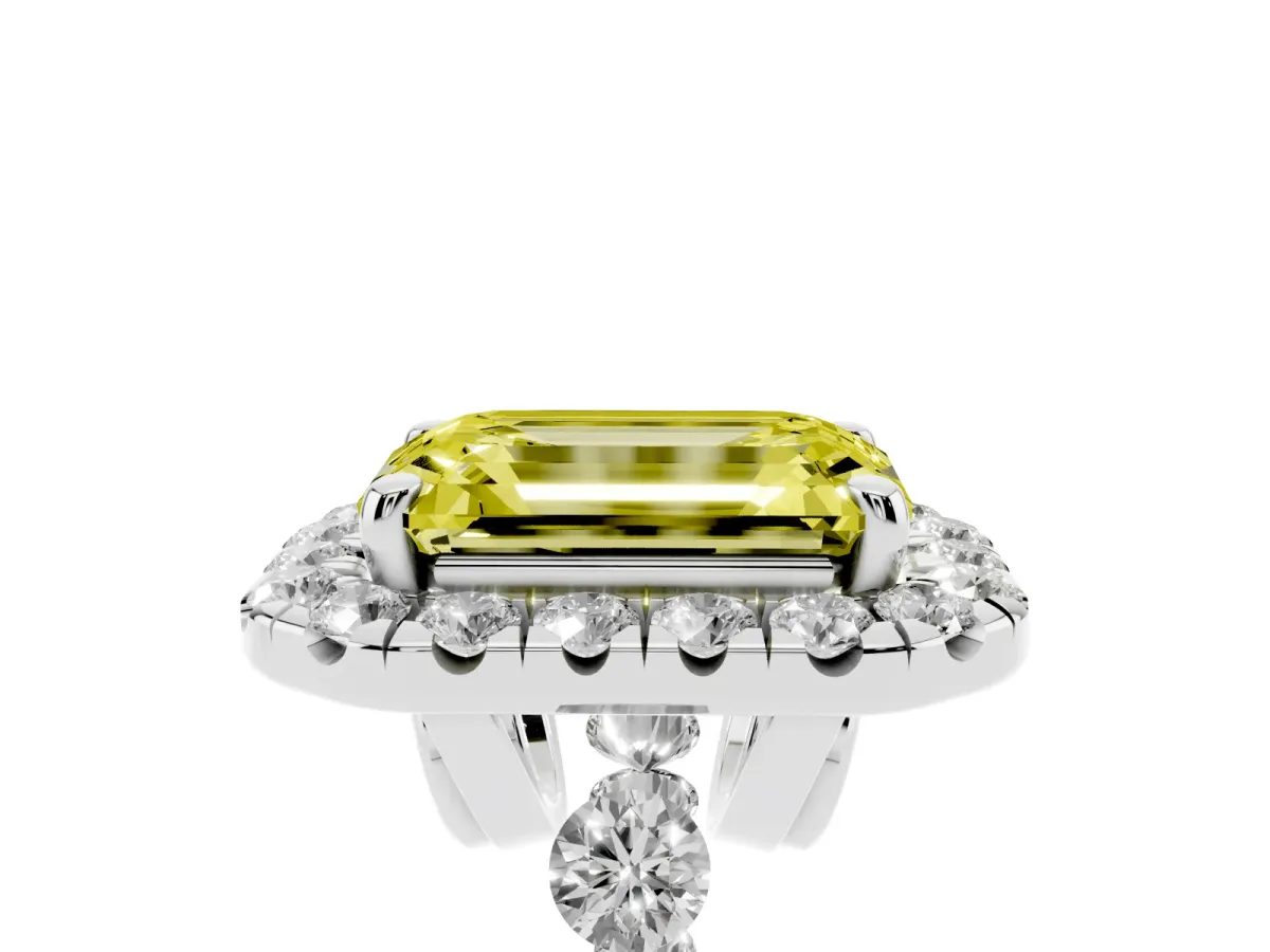 Fancy Yellow Emerald Cut Halo Pavé Diamond Engagement Ring with Four-Prong Setting White gold