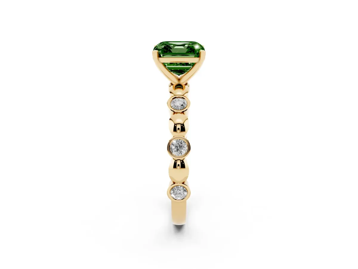 Fancy Green Asscher Cut Solitaire Bezel-Set Diamond Ring with Beaded Band and Four-Prong Setting Yellow gold
