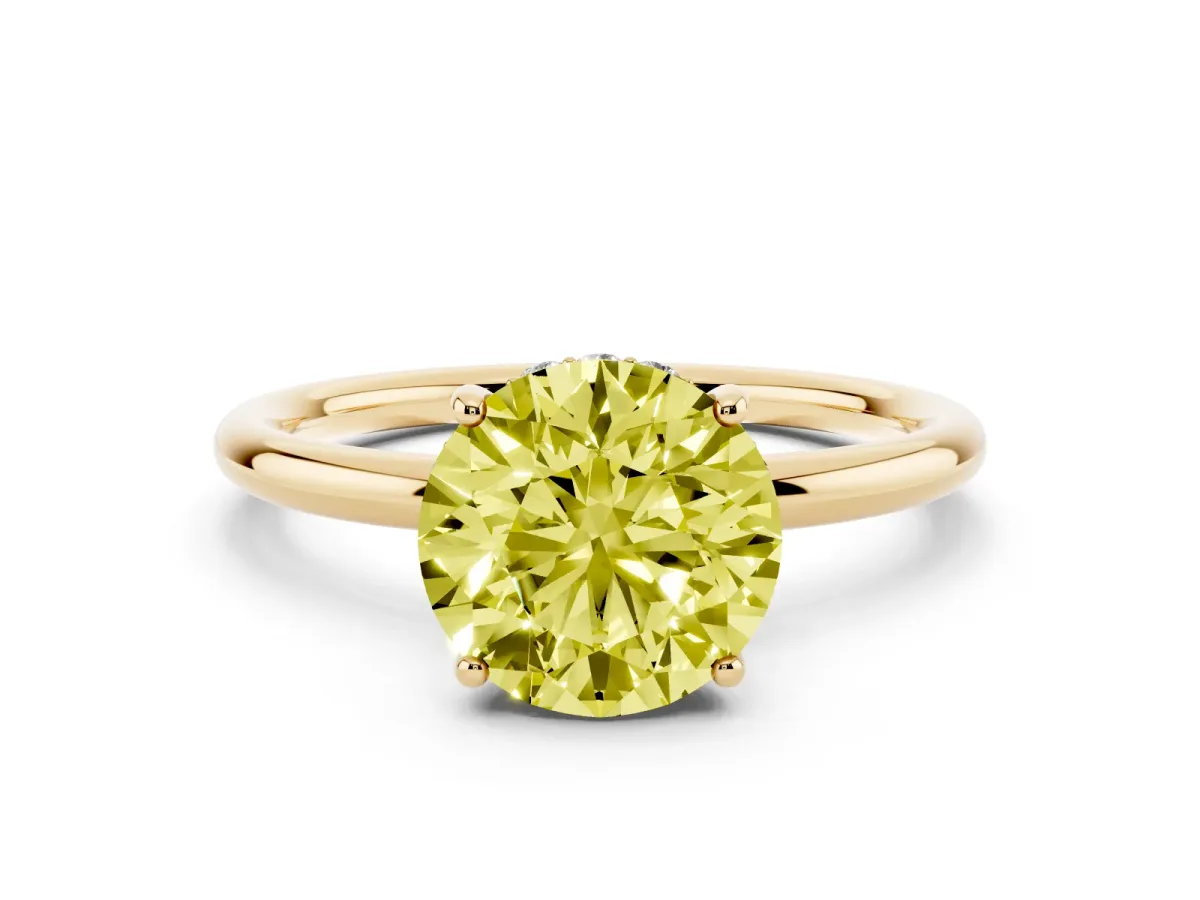 Fancy Yellow Round Cut Solitaire Diamond Ring with a Classic Band and Four-Prong Setting Yellow gold