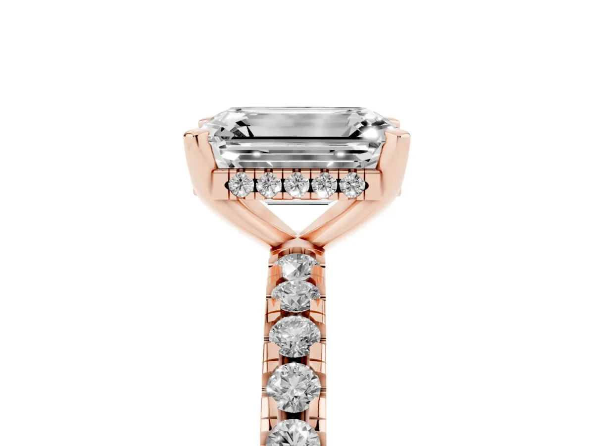 Emerald Cut Diamond Solitaire Ring with Round Pavé Band and Four-Prong Setting Rose gold