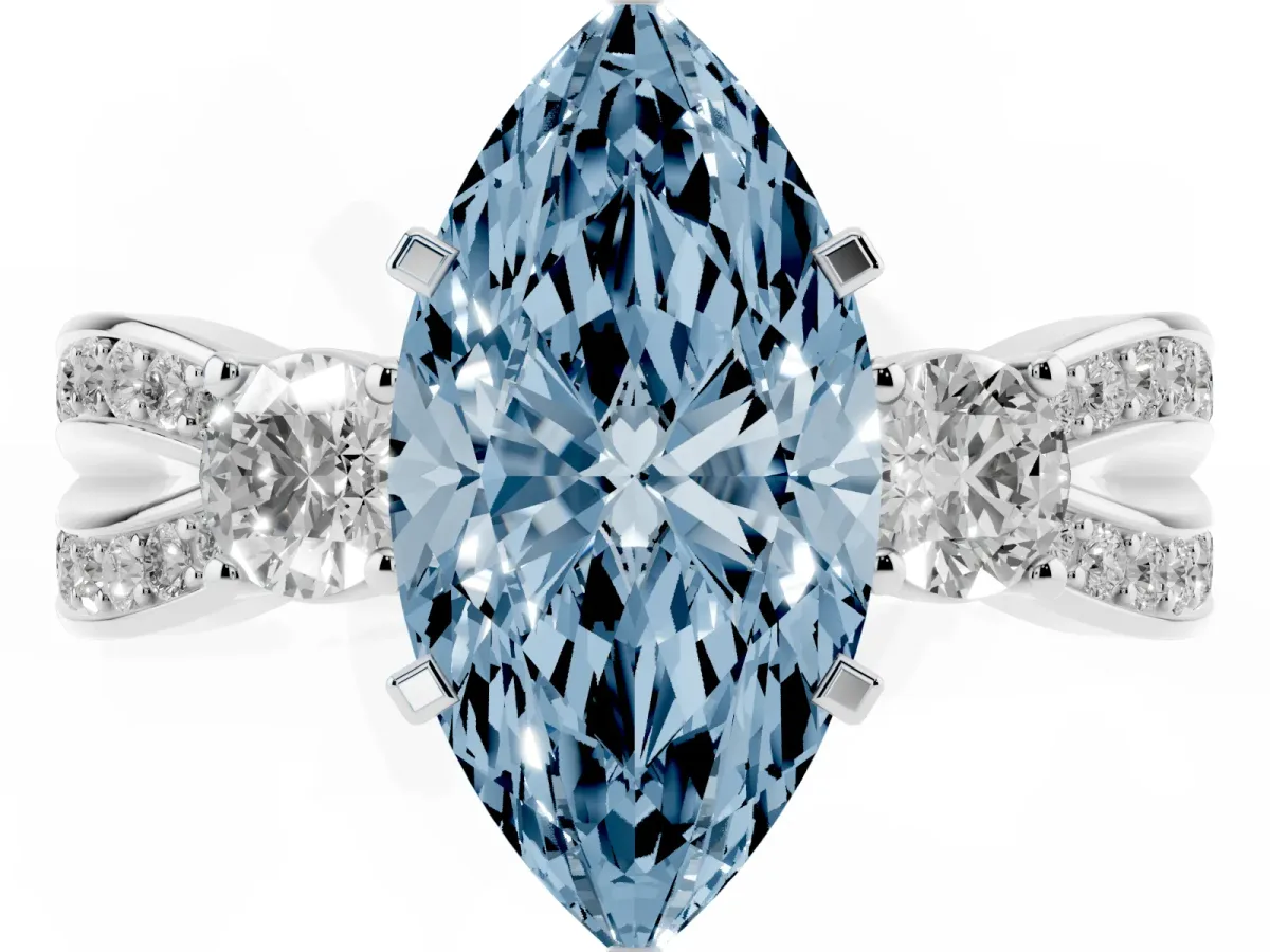 Fancy Blue Three-Stone Marquise Cut Cut Diamond Twist Band with Prong Setting Silver