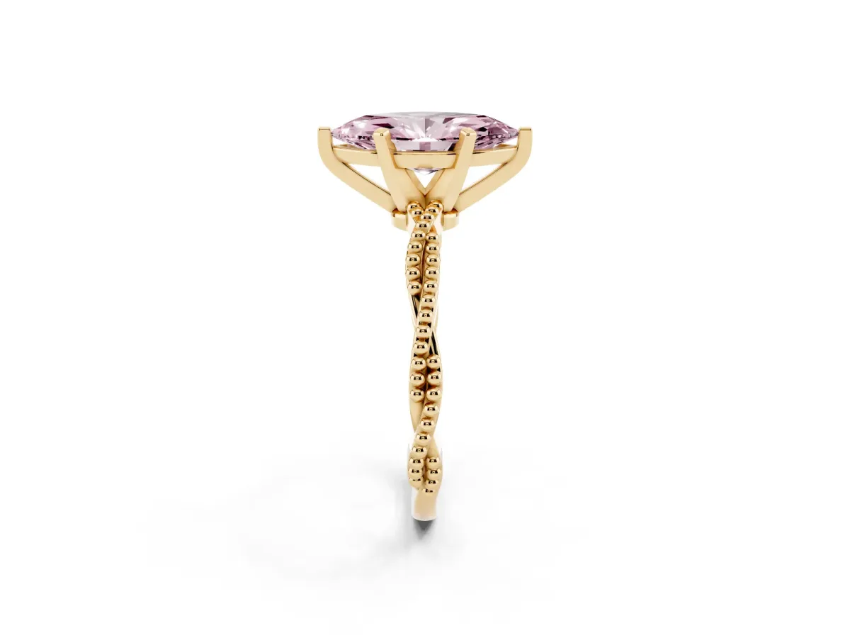 Fancy Pink Marquise Cut Solitaire Twisted Band with Bead Prong Setting Yellow gold