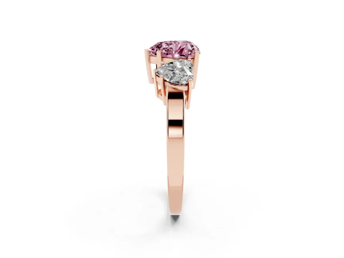 Fancy Pink Three-Stone Heart Cut Cut Diamond Engagement Ring with Flat Band and Four-Prong Setting Rose gold