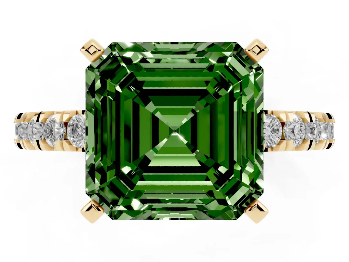 Fancy Green Asscher Cut Diamond Pavé Band Solitaire with Four-Prong Setting Yellow gold