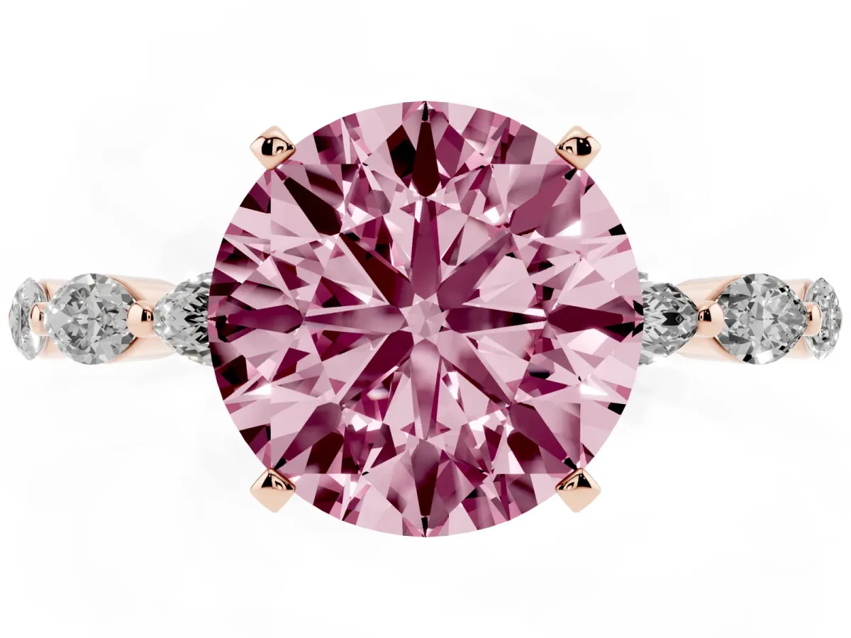 Fancy Pink Round Cut Diamond Ring with Marquise Side Stones and Prong Setting Rose gold