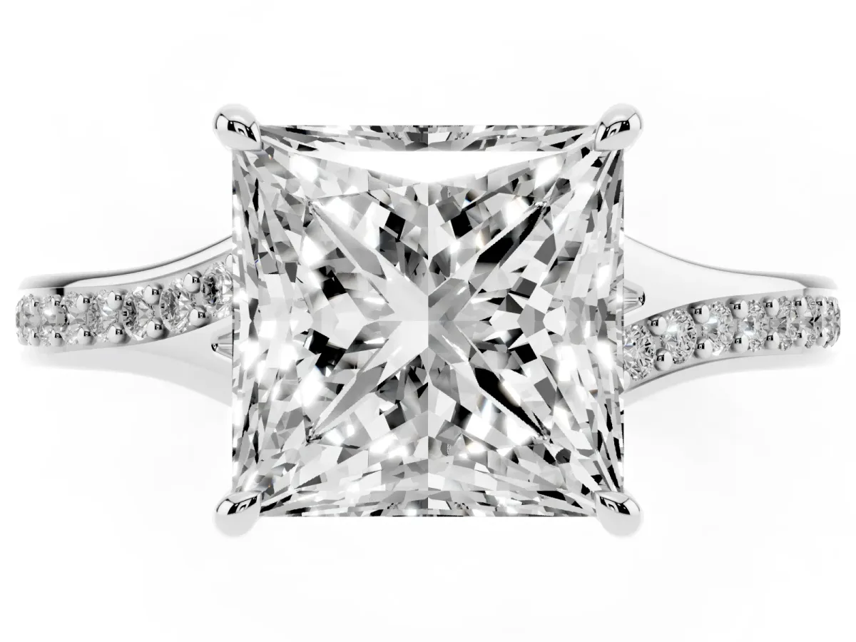 Princess Cut Diamond Solitaire Ring with Pavé Band and Prong Setting Silver