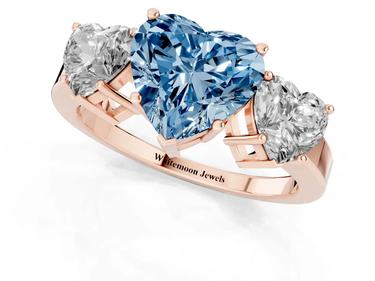 Fancy Blue Three-Stone Heart Cut Cut Diamond Engagement Ring with Flat Band and Four-Prong Setting Rose gold
