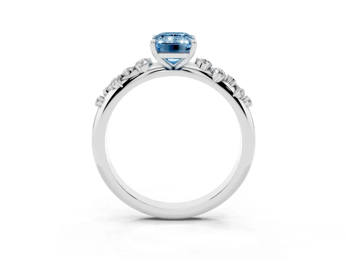 Fancy Blue Emerald Cut Diamond Cluster Prong-Set Solitaire Ring White gold