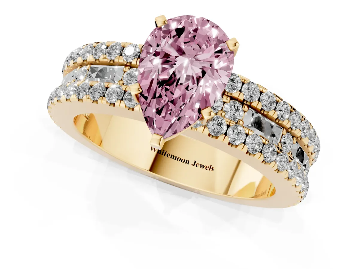 Fancy Pink Pear Cut Diamond Solitaire Ring with Pavé and Channel Set Band Yellow gold