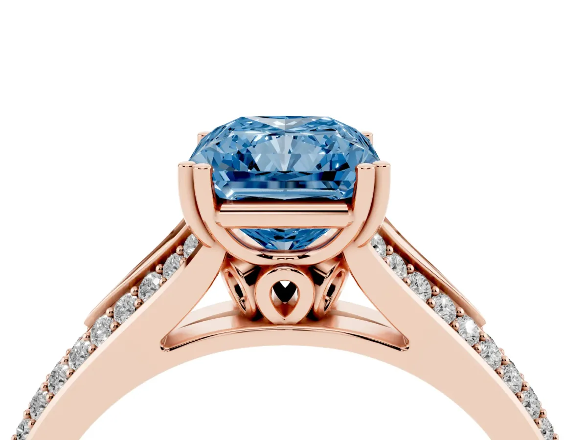 Fancy Blue Radiant Cut Diamond Split Shank Engagement Ring with Pavé Band Rose gold