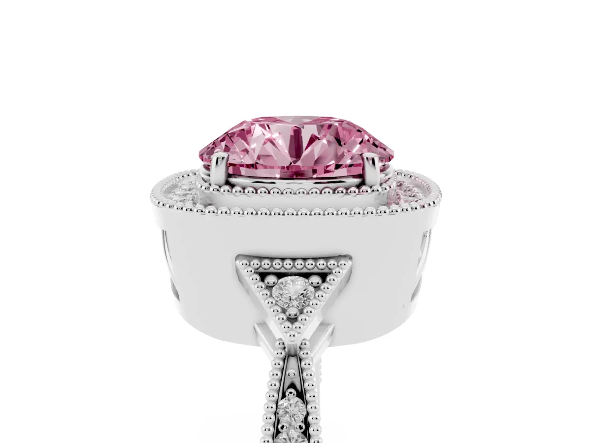 Fancy Pink Round Cut Halo Round Diamond Milgrain Pave Engagement Ring White gold