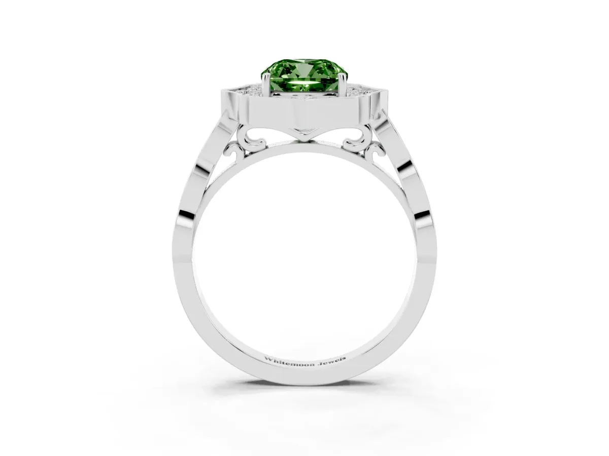 Fancy Green Cushion Cut Halo Diamond Engagement Ring with Milgrain Band and Four-Prong Setting White gold