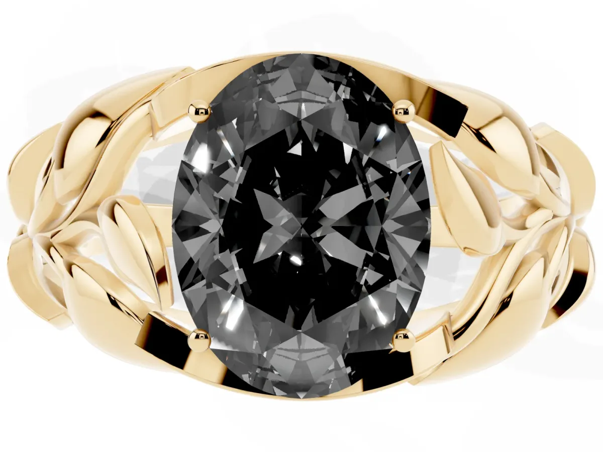 Fancy Black Oval Cut Diamond Leaf-Inspired Engagement Ring with Round Accents and Prong Setting Yellow gold