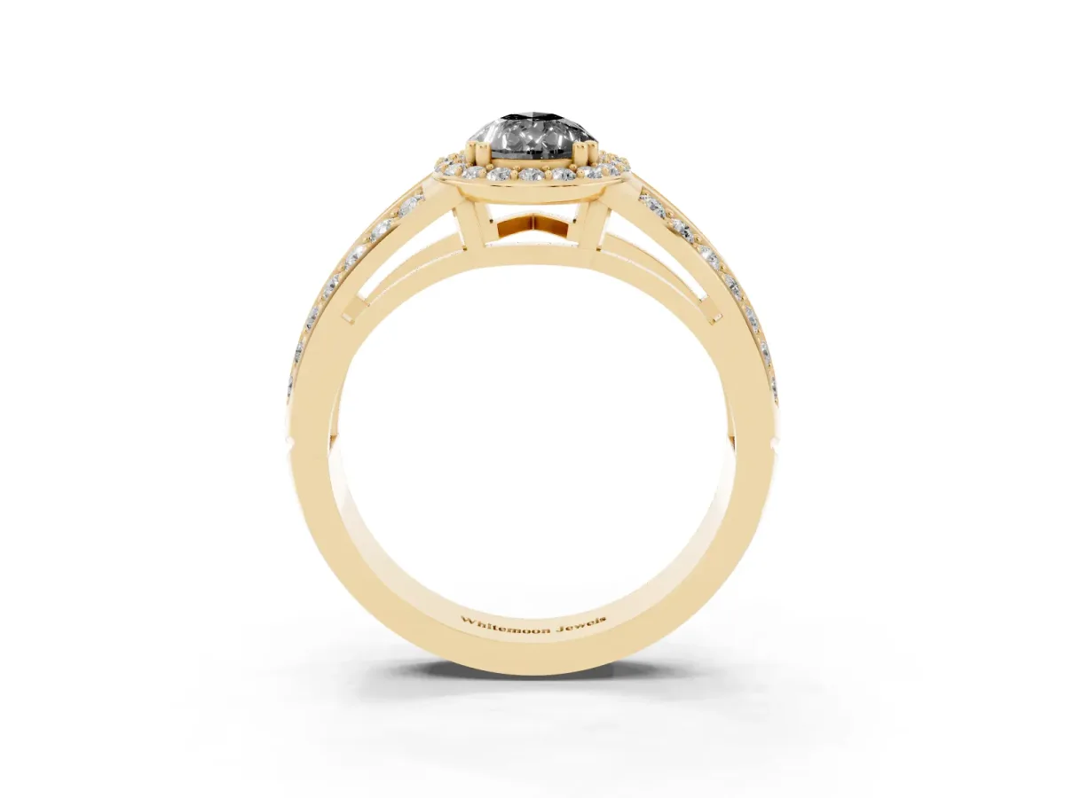 Fancy Black Pear Cut Diamond Halo Ring with Split Shank Pavé Band and Four-Prong Setting Yellow gold