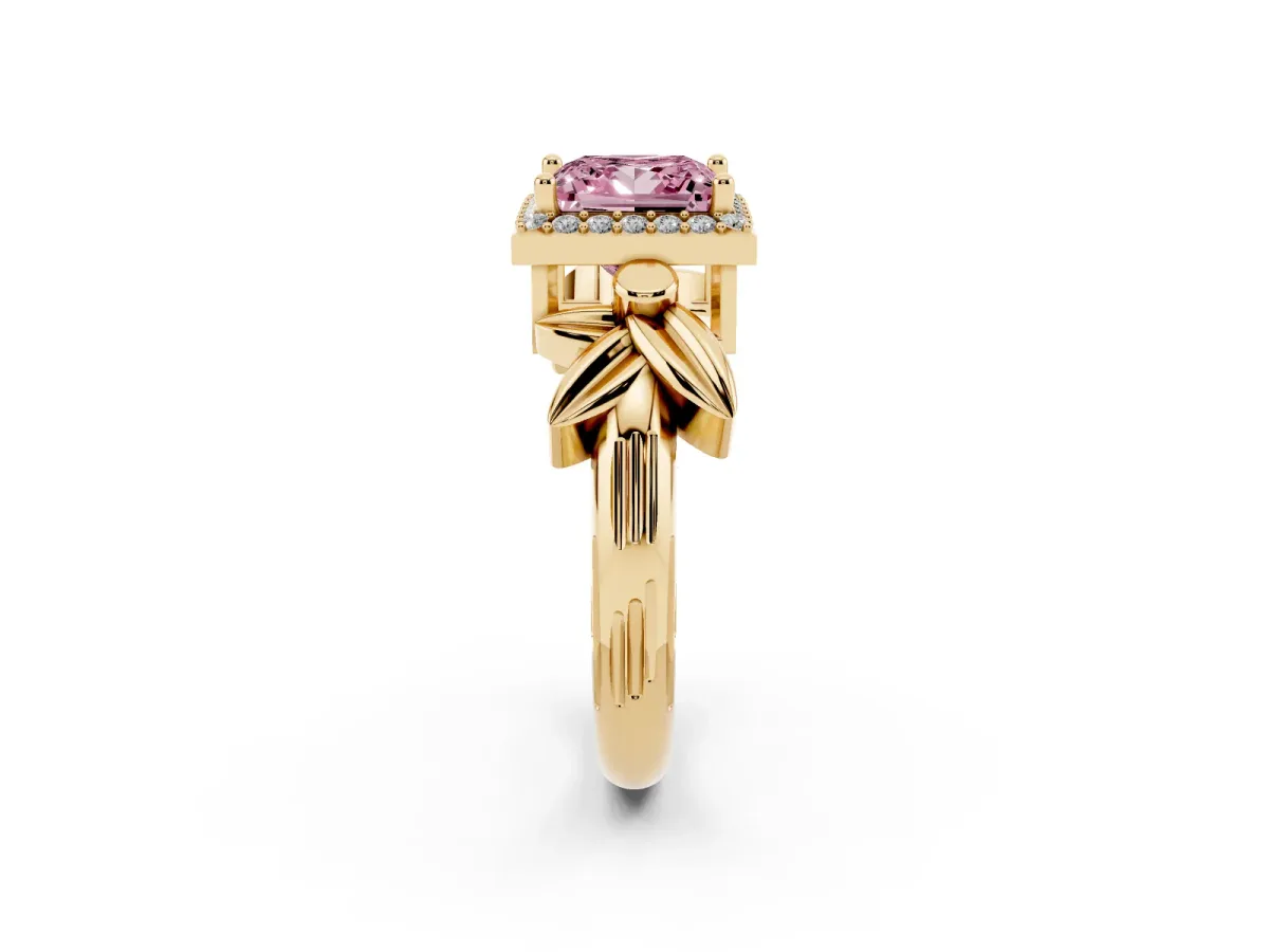 Fancy Pink Princess Cut Halo Diamond Floral Band with Four-Prong Setting Yellow gold