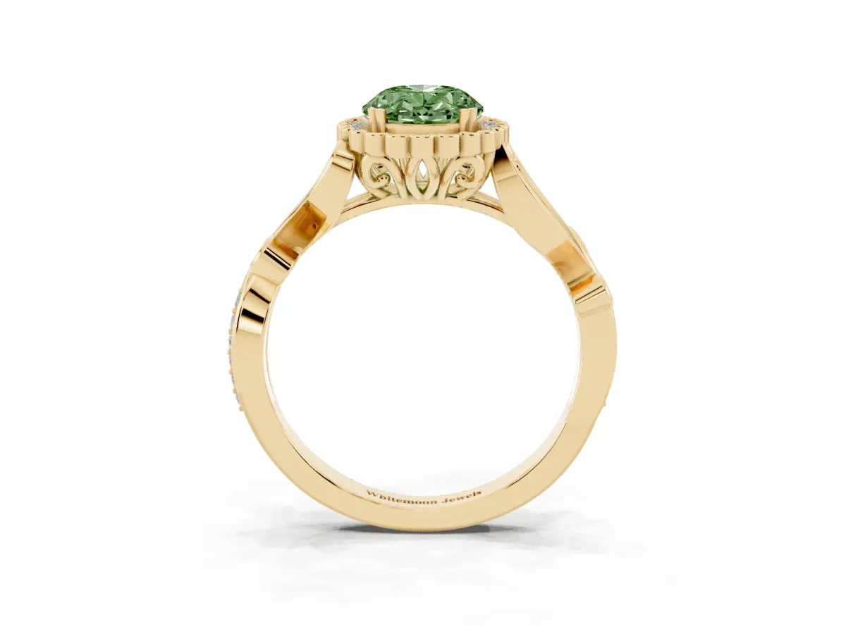 Fancy Green Oval Cut Diamond Halo Ring with Vintage Split Shank and Four-Prong Setting Yellow gold