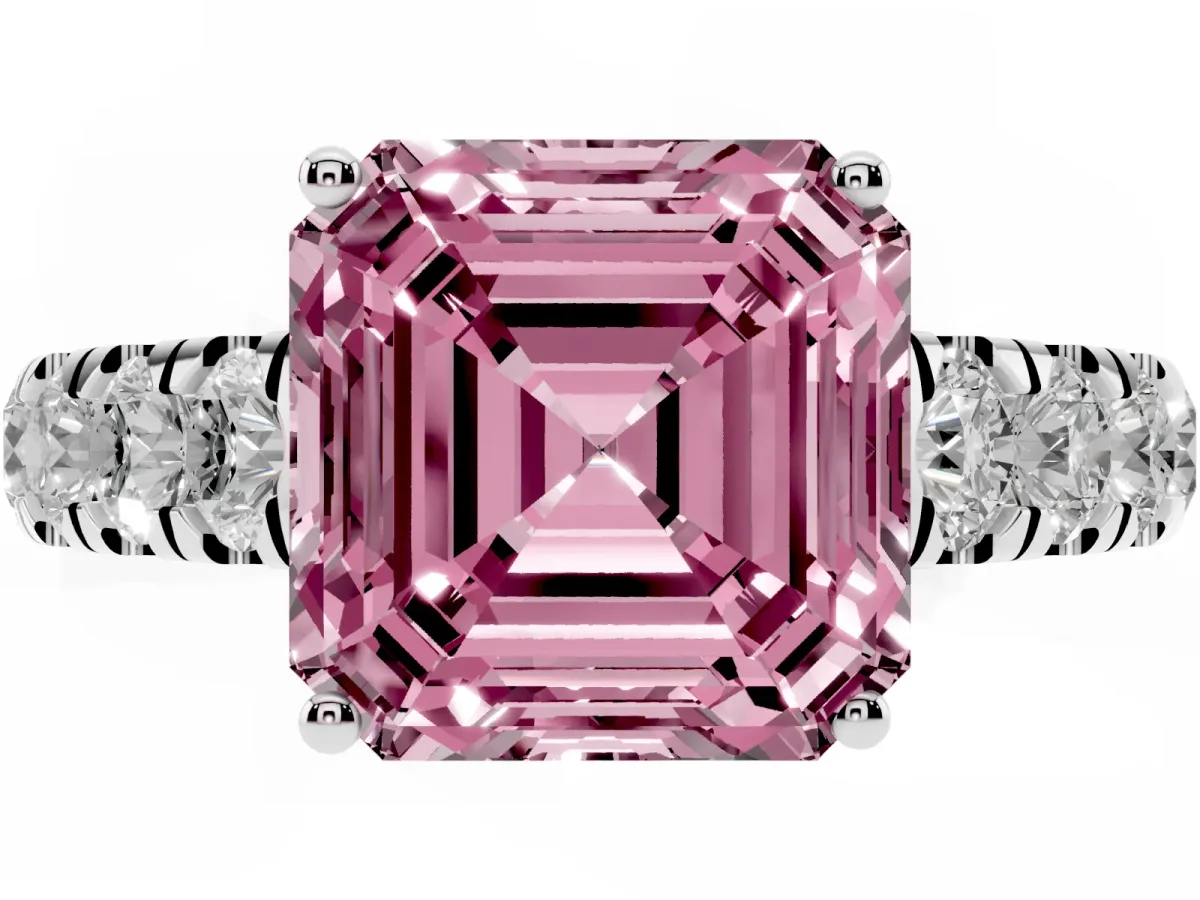 Fancy Pink Asscher Cut Cut Diamond Solitaire Ring with Micro Pave Band and Prong Setting Silver
