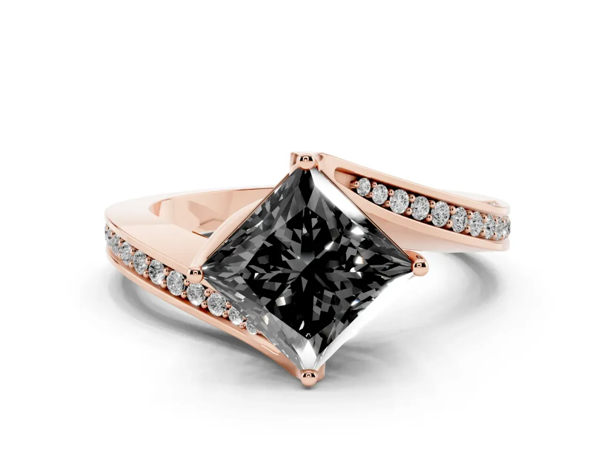 Fancy Black Princess Cut Solitaire Diamond Twist Band with Pavé Setting and Four-Prong Setting Rose gold